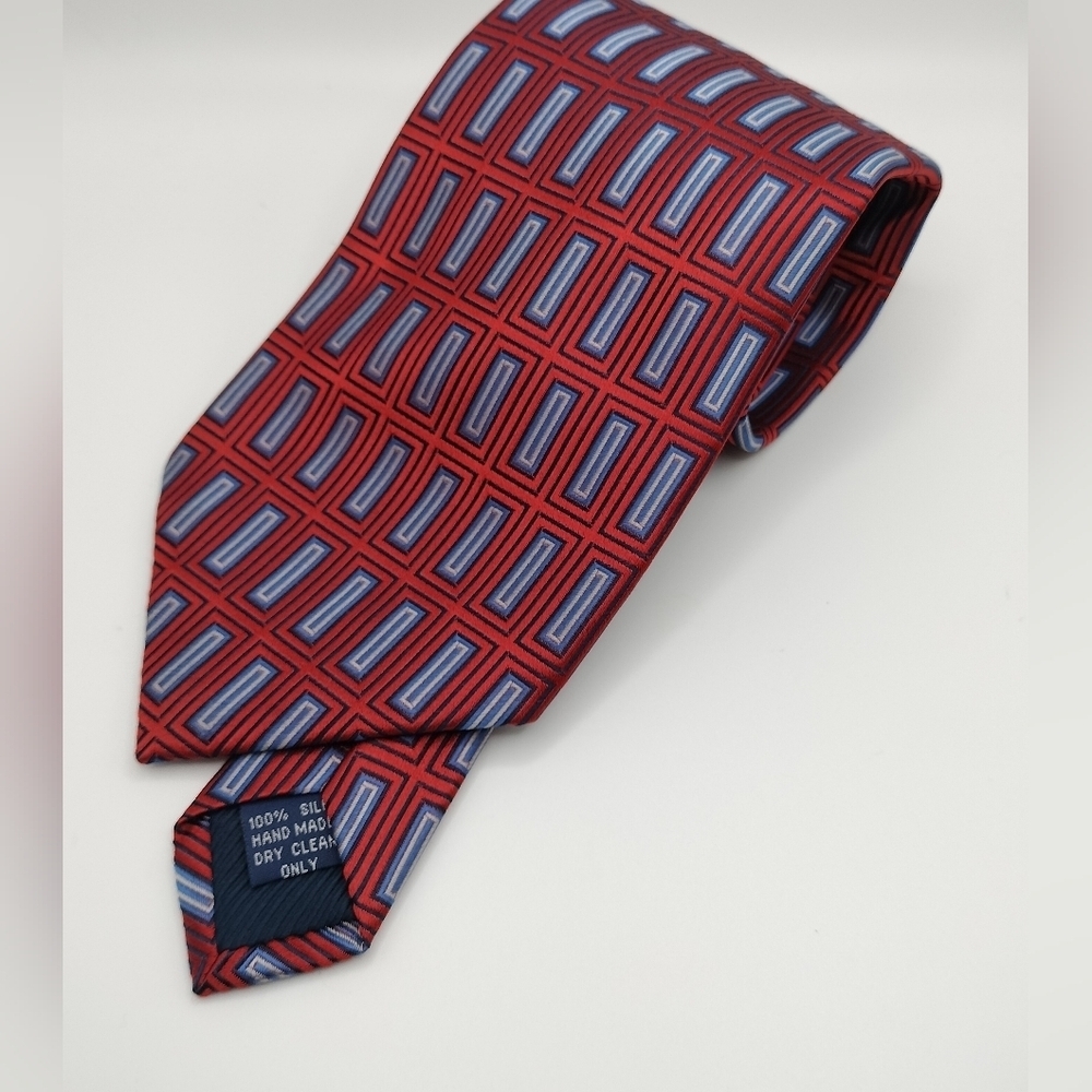 Henry Jacobson Tie Necktie Silk Hand Made Red Blue Geometric Pattern